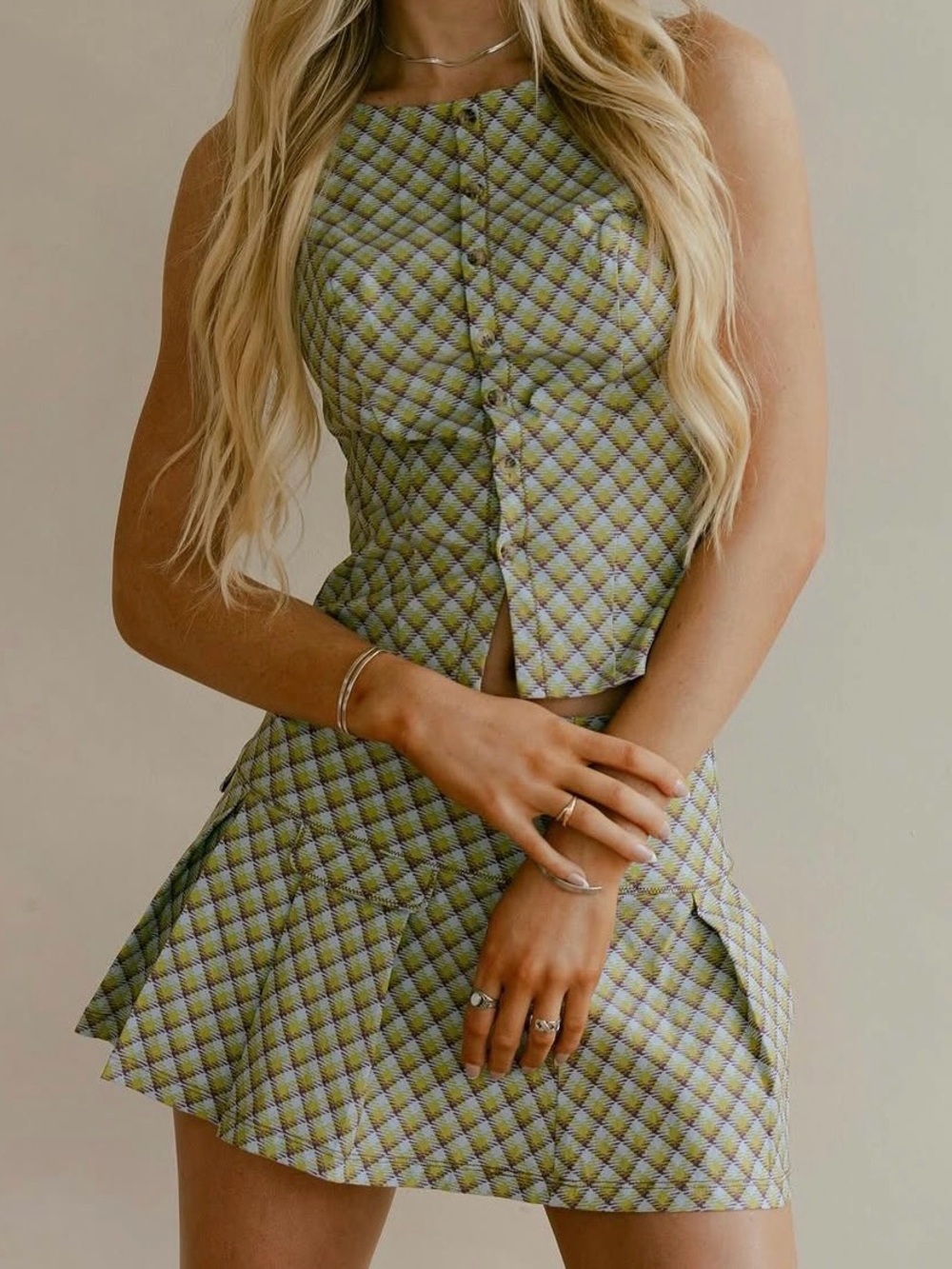 Kimchi Blue Plaid Mini Skirt Coord Set in Green and Lavender